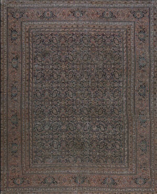 A distressed, dark traditional rug featuring intricate floral patterns in muted browns and deep blues.