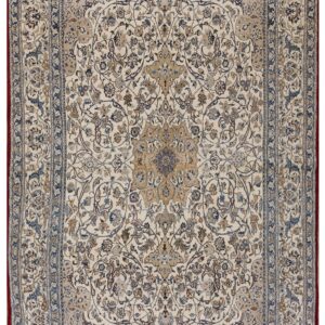 Rectangular ivory traditional rug with detailed blue and beige floral motifs, a large central medallion, and multiple borders.