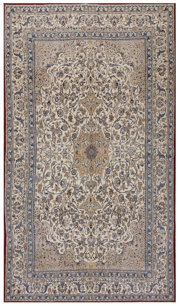 Rectangular ivory traditional rug with detailed blue and beige floral motifs, a large central medallion, and multiple borders.