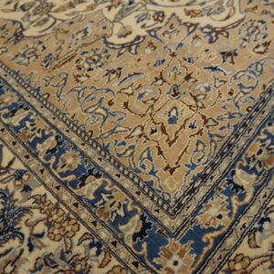 Ornate traditional rug corner displaying blue borders against tan and cream fields with floral motifs.