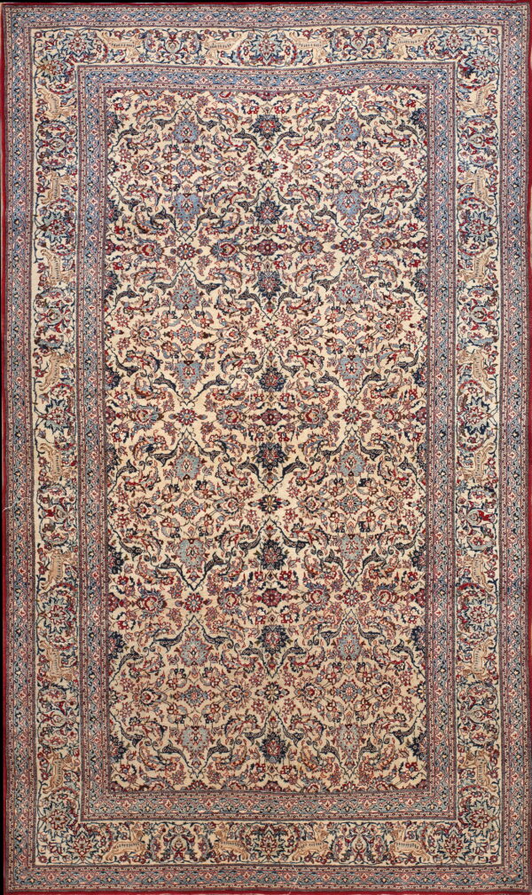 Cream rug with a detailed floral design and complex borders in red, navy, and light blue.