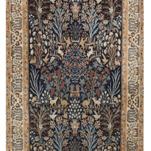 Low-pile rug with a complex navy field, tan border, and symmetrical foliage, birds, and animals.
