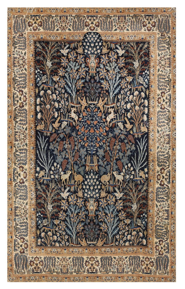Low-pile rug with a complex navy field, tan border, and symmetrical foliage, birds, and animals.