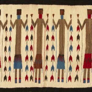 Low-pile rug featuring repeating brown stylized figures separated by vertical strings of red and blue arrows.