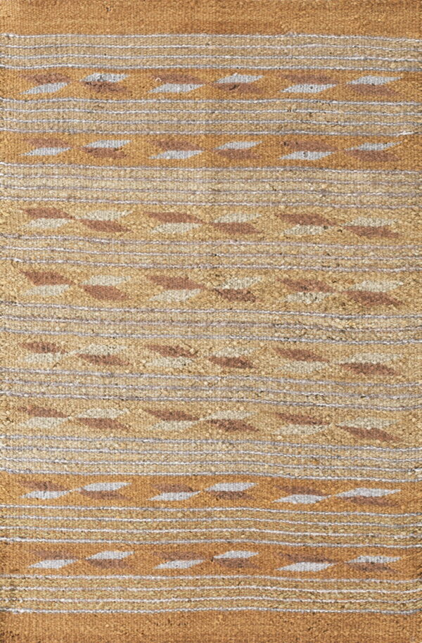 Textured striped rug in tan and gold with brown and gray geometric diamond patterns.