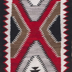 Black, red, white, gray, and brown flatweave rug with a large central geometric X pattern.