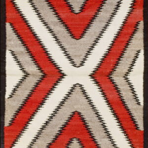 Flatwoven rug displays bold red, white, and gray serrated geometric patterns with a wide black border.