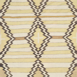 Cream and pale yellow striped flatweave rug featuring dark brown zigzag diamond patterns and solid borders.