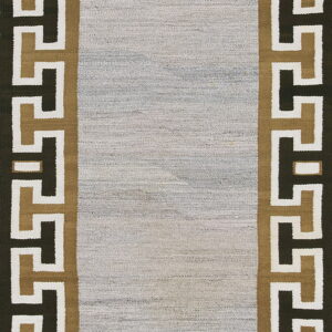 Low-texture rug with a mottled gray field and a bold brown, tan, and white geometric border.