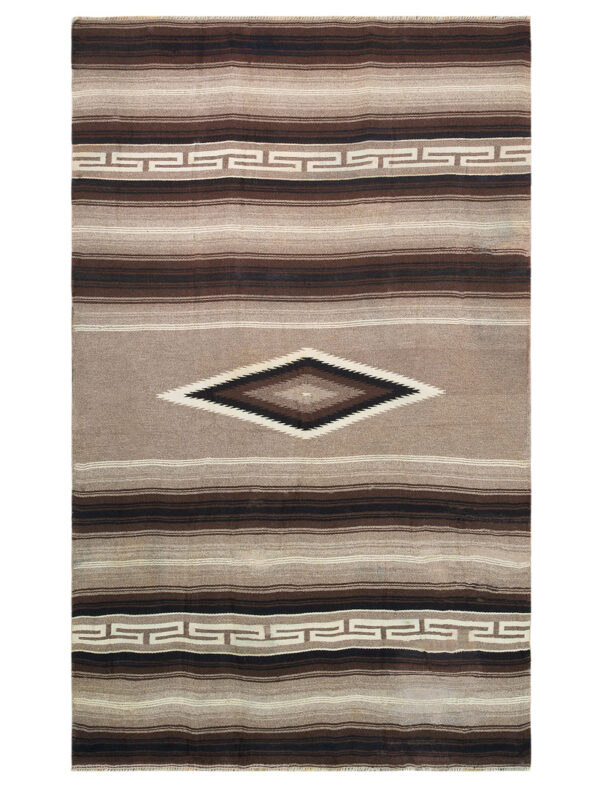 Tan, brown, and black striped rug with a central diamond motif and two decorative meander bands.
