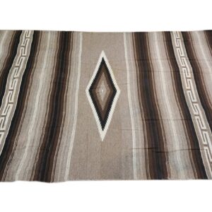 A brown, beige, and black striped rug with a central diamond motif and two geometric border stripes.