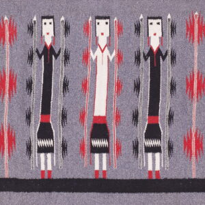 Flat-woven gray rug featuring stylized black, white, and red anthropomorphic figures and geometric designs.