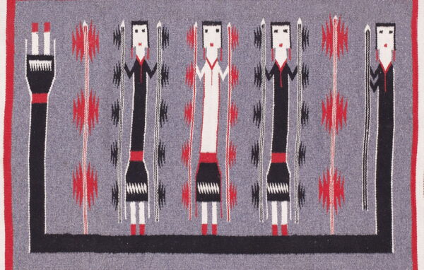 Flat-woven gray rug featuring stylized black, white, and red anthropomorphic figures and geometric designs.