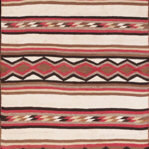 Flatweave rug featuring bands of cream, brown, and red, alternating with geometric diamond and zigzag motifs.