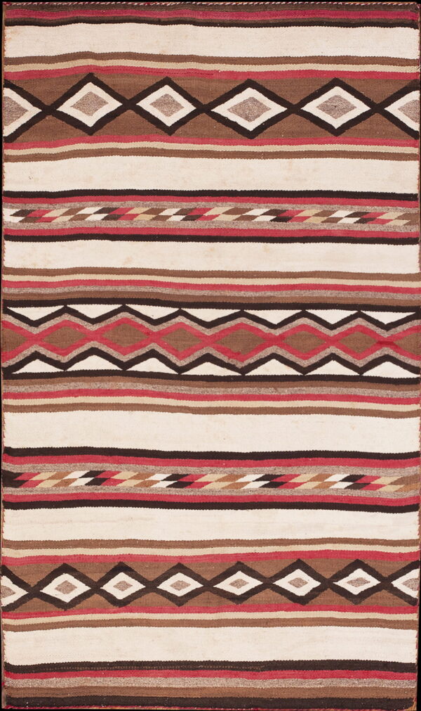 Flatweave rug featuring bands of cream, brown, and red, alternating with geometric diamond and zigzag motifs.
