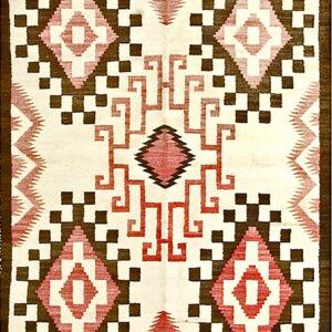Cream flatweave rug with dark brown, red, and pink geometric diamonds and central interlocking key pattern.