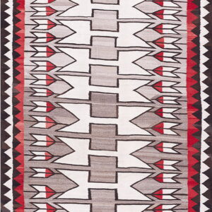 Flat-weave rug with white, gray, and red geometric motifs, framed by a dark brown and white zigzag border.