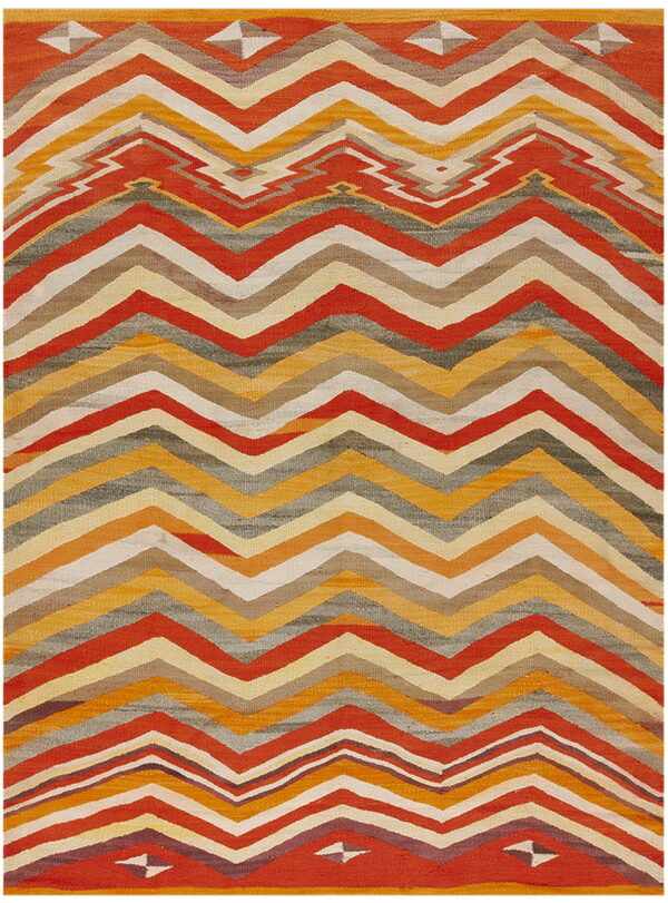 Flat-woven rug featuring wide zig-zag stripes in rust, gold, cream, gray, and brown colors.