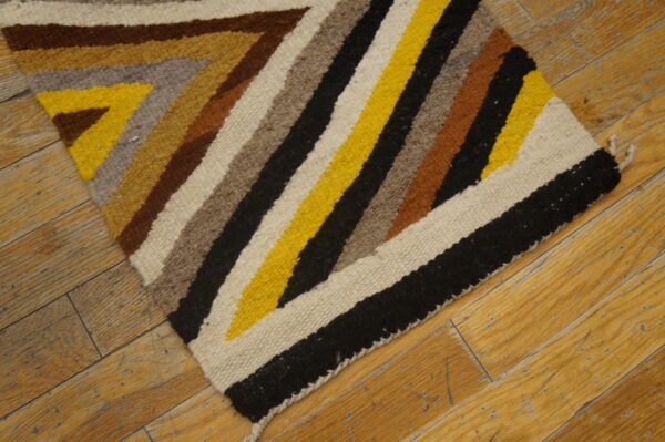 Low-pile rug with yellow, black, brown, and cream zig-zag pattern displayed on textured wooden planks.