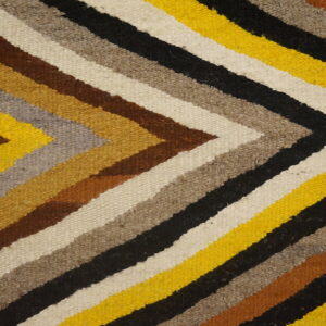 Low pile rug featuring thick stripes in yellow, black, brown, cream, and gray forming a chevron pattern.