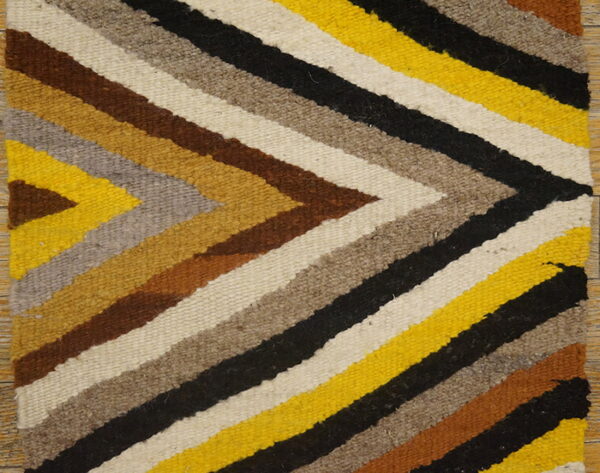 Low pile rug featuring thick stripes in yellow, black, brown, cream, and gray forming a chevron pattern.