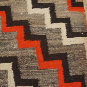 Rustic rug with bold zigzag patterns in orange, black, and cream against a mottled gray background on wood.