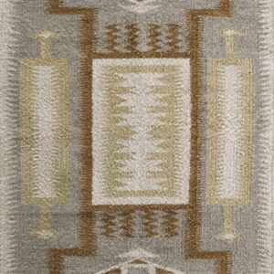 Textured gray rug featuring a symmetrical geometric pattern outlined in brown, tan, and light beige.