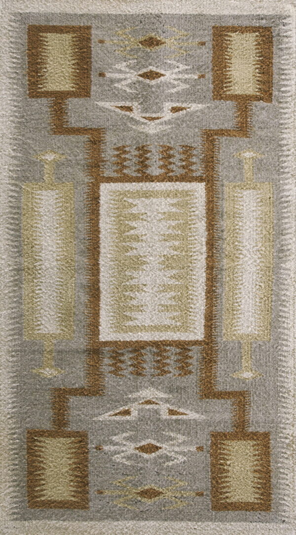 Textured gray rug featuring a symmetrical geometric pattern outlined in brown, tan, and light beige.