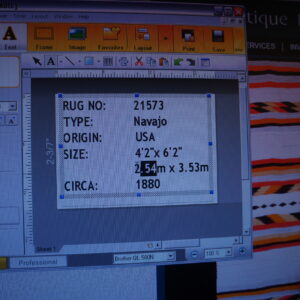 A computer screen displays text fields over a background image of a red, black, and orange striped rug.