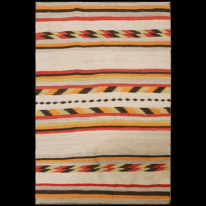 Cream and colored striped flatweave rug with geometric zigzag and diamond motifs.