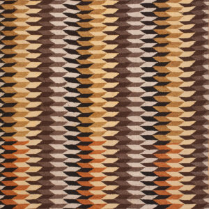 Geometric flatweave rug with alternating vertical columns of brown, beige, and golden-orange rhombus shapes.