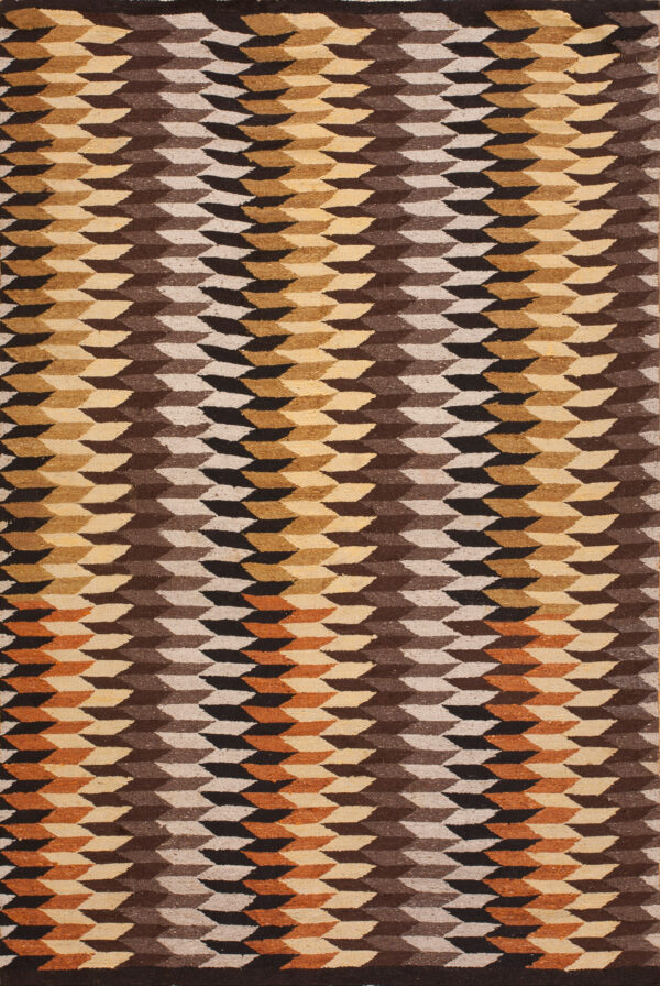 Geometric flatweave rug with alternating vertical columns of brown, beige, and golden-orange rhombus shapes.