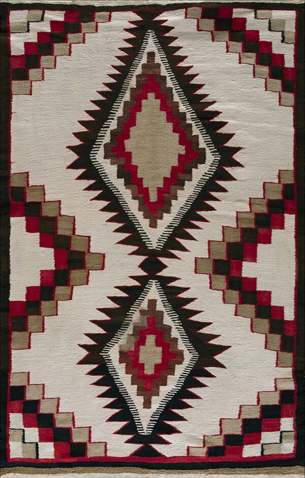 Cream geometric rug with serrated central diamond shapes and stepped side borders in red, black, and tan.