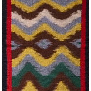 Geometric flatweave rug featuring serrated stripes in gray, yellow, brown, and green with a bright red border.