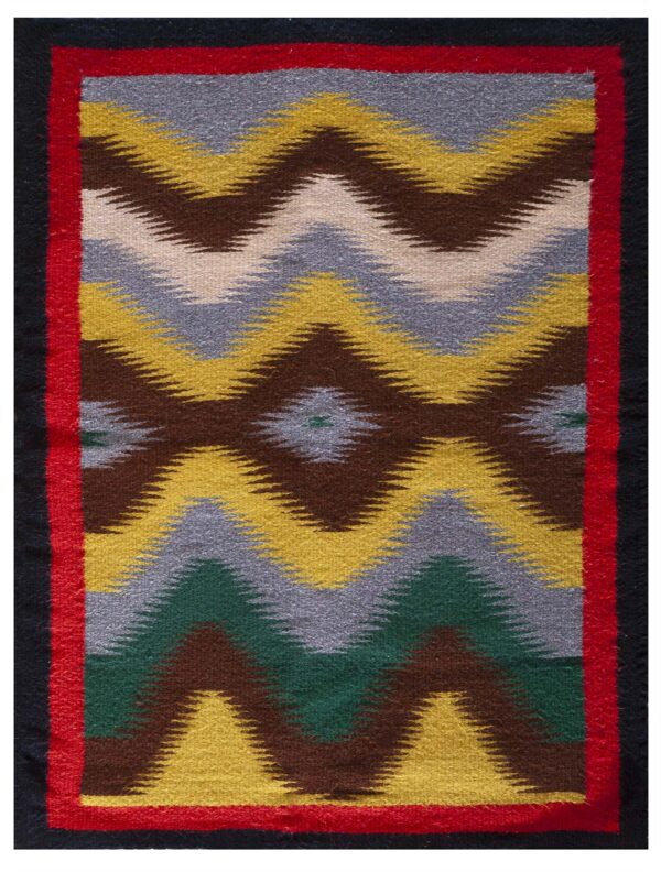 Geometric flatweave rug featuring serrated stripes in gray, yellow, brown, and green with a bright red border.