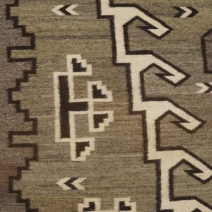 Geometric tribal pattern in dark brown and off-white on a rustic olive-gray rug next to a wood floor.