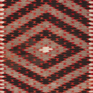 Geometric flatweave rug featuring nested diamond shapes in black, gray, red, and white.