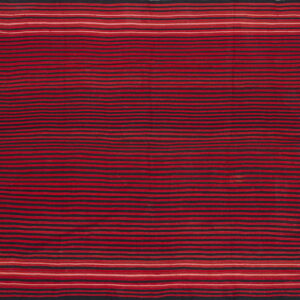 Flat-woven rug featuring dense, alternating horizontal stripes of dark red and black with detailed borders.