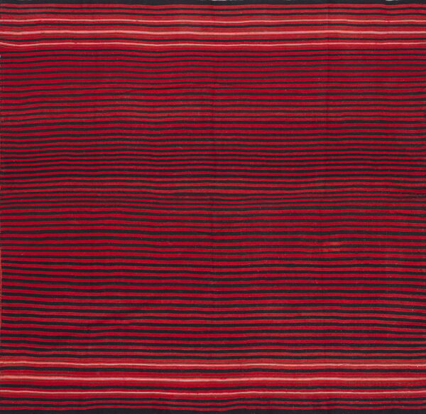 Flat-woven rug featuring dense, alternating horizontal stripes of dark red and black with detailed borders.