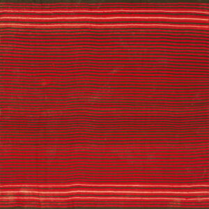 Red and deep olive horizontal striped rug with narrow decorative bands of white and pink at the edges.