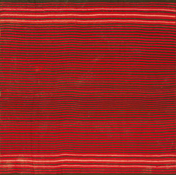 Red and deep olive horizontal striped rug with narrow decorative bands of white and pink at the edges.