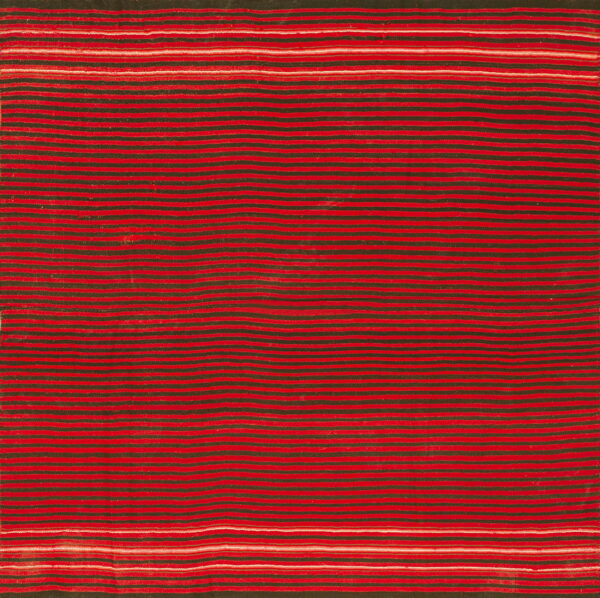 Low-pile rug with fine horizontal stripes in alternating red, dark brown, and occasional white.
