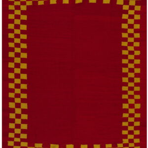 Red flatweave rug with a solid center framed by a yellow and red checkerboard border.