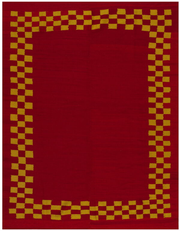 Red flatweave rug with a solid center framed by a yellow and red checkerboard border.