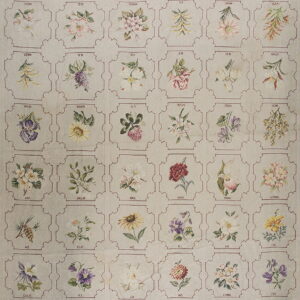 A light beige rug features a repeating grid pattern of colorful floral motifs and two-letter state abbreviations.