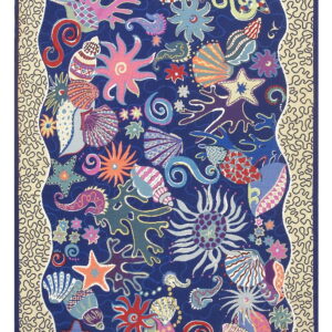 Navy rug featuring brightly colored starfish, shells, and coral surrounded by a wavy beige border with squiggly lines.
