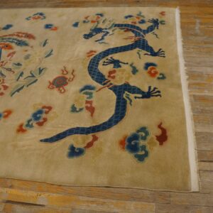 Pale yellow high pile rug featuring a detailed blue dragon and red accents on rustic wood planks.