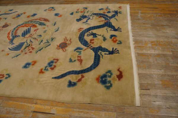 Pale yellow high pile rug featuring a detailed blue dragon and red accents on rustic wood planks.