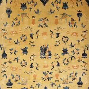 Yellow high-pile rug with scattered blue and rust vases, flowers, and figures, surrounded by geometric borders.