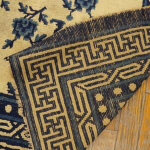 Close-up of a yellow and indigo floral rug folded to show a geometric border on a wooden floor.